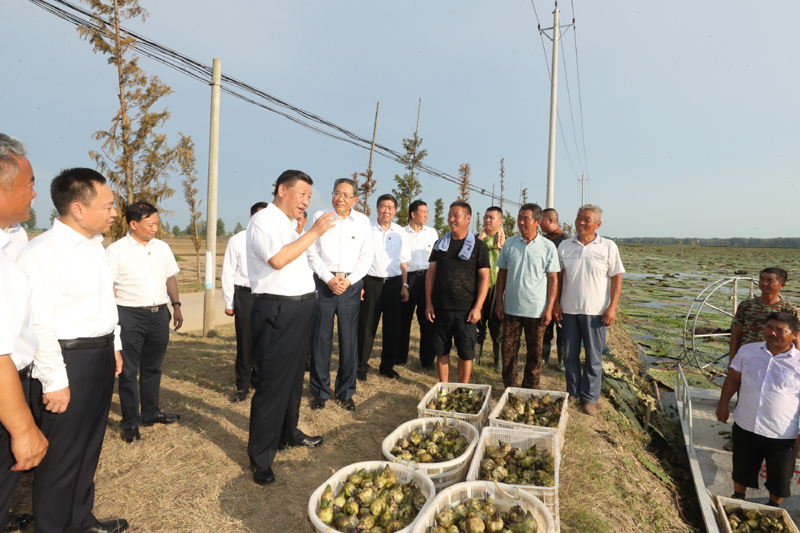 8月18日至21日，中共中央總書記、國家主席、中央軍委主席習(xí)近平在安徽省考察。這是18日下午，習(xí)近平在阜陽市阜南縣蒙洼蓄洪區(qū)，同正在采摘芡實(shí)的鄉(xiāng)親們親切交流，了解災(zāi)后生產(chǎn)恢復(fù)情況。