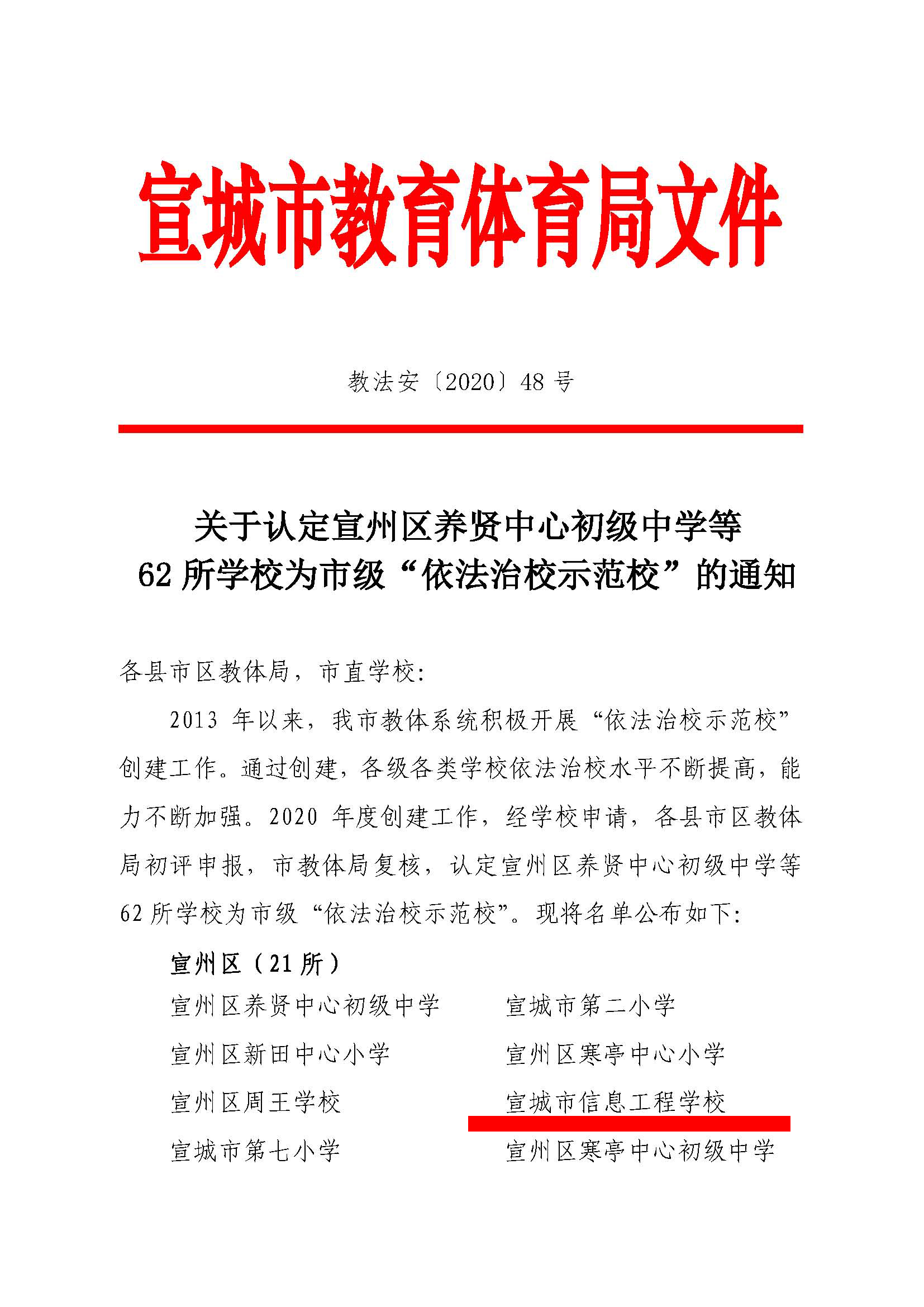 關于認定宣州區(qū)養(yǎng)賢中心初級中學等62所學校為市級“依法治校示范?！钡耐ㄖ猒頁面_1.jpg